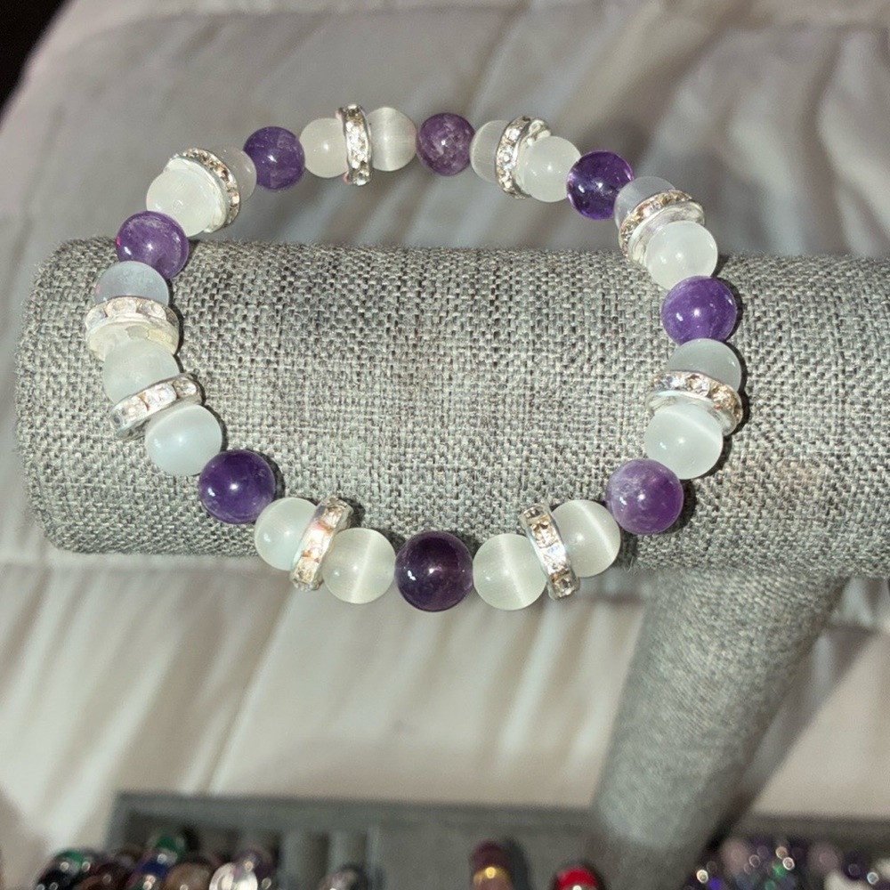 “Derek” Tiger’s Eye Quartz Silver and Amethyst Bracelet. 9”